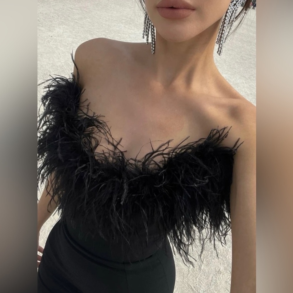 Tiffany Elegant Strapless Feather Formal Gown Cocktail Bandage Long Dress - Picture 14 of 14